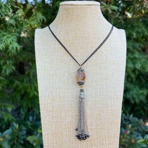 Vintage Long Double Gunmetal Chain Chunky Stone Tassel Pendant Necklace
